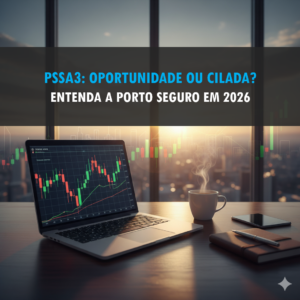 Mesa de investidor com laptop, gráficos de ações no monitor, café e vista panorâmica de prédios, simbolizando análise de mercado financeiro. No meio da foto tem o título: pssa3: oportunidade ou cilada?